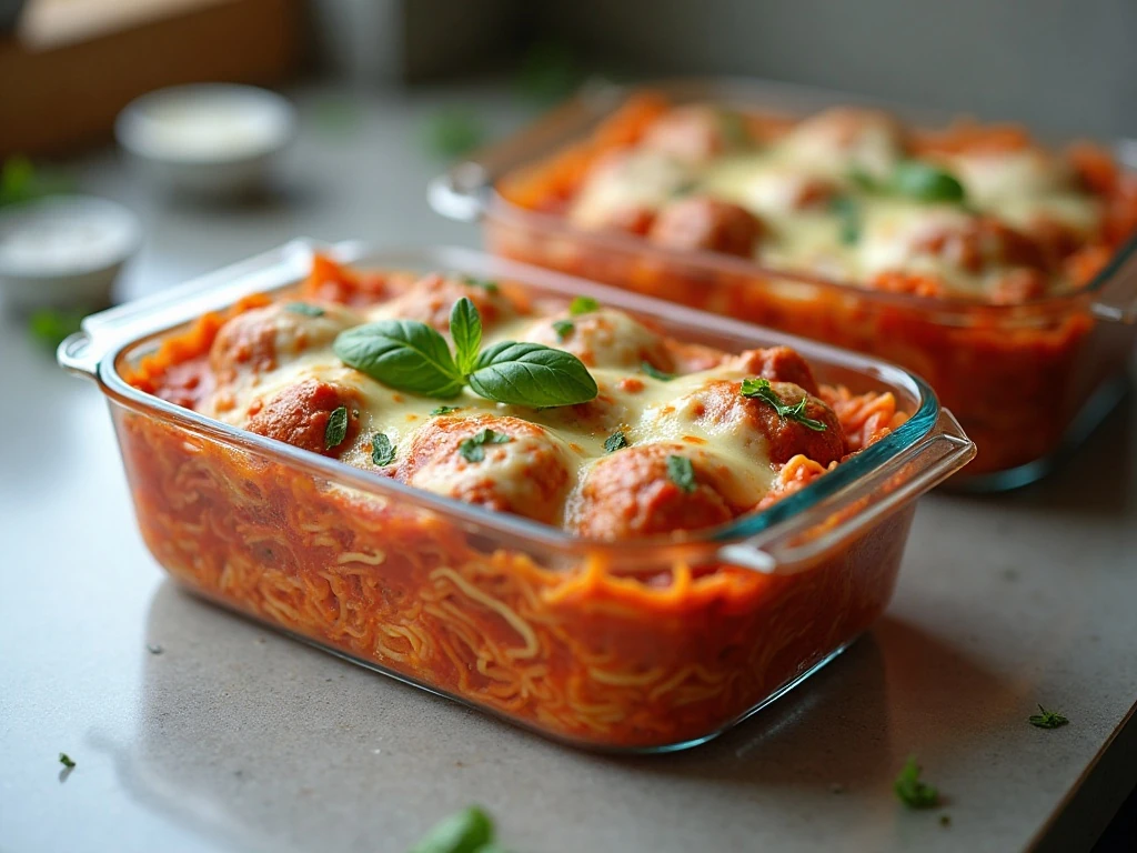 Stored and reheated spaghetti and meatball casserole portions