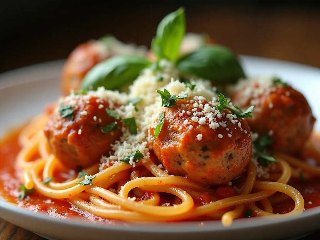 Cheesy spaghetti and meatball casserole garnished with fresh herbs