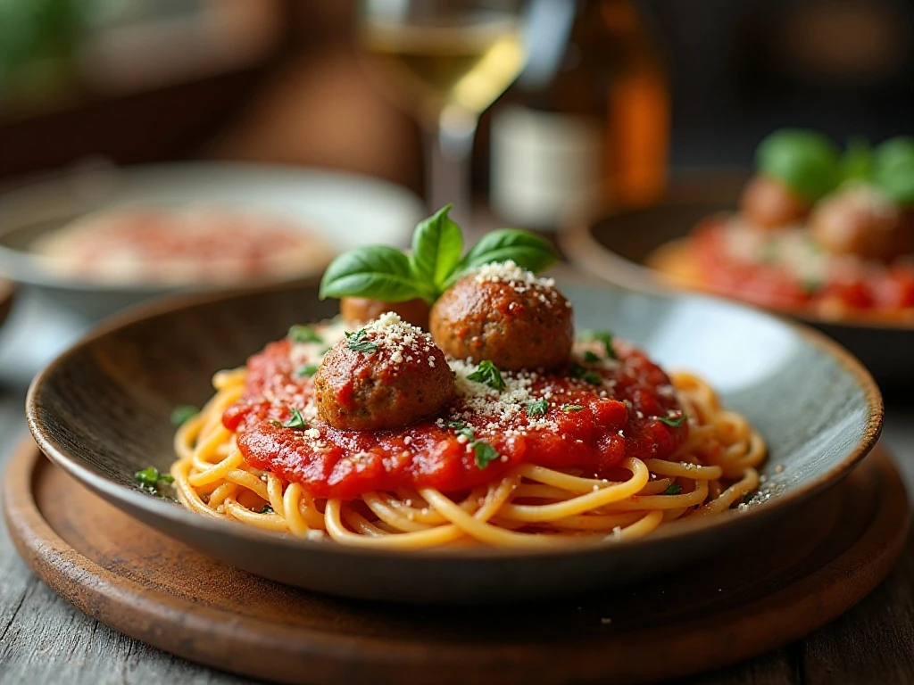 Sicilian-style spaghetti and meatballs served with tomato sauce and grated cheese