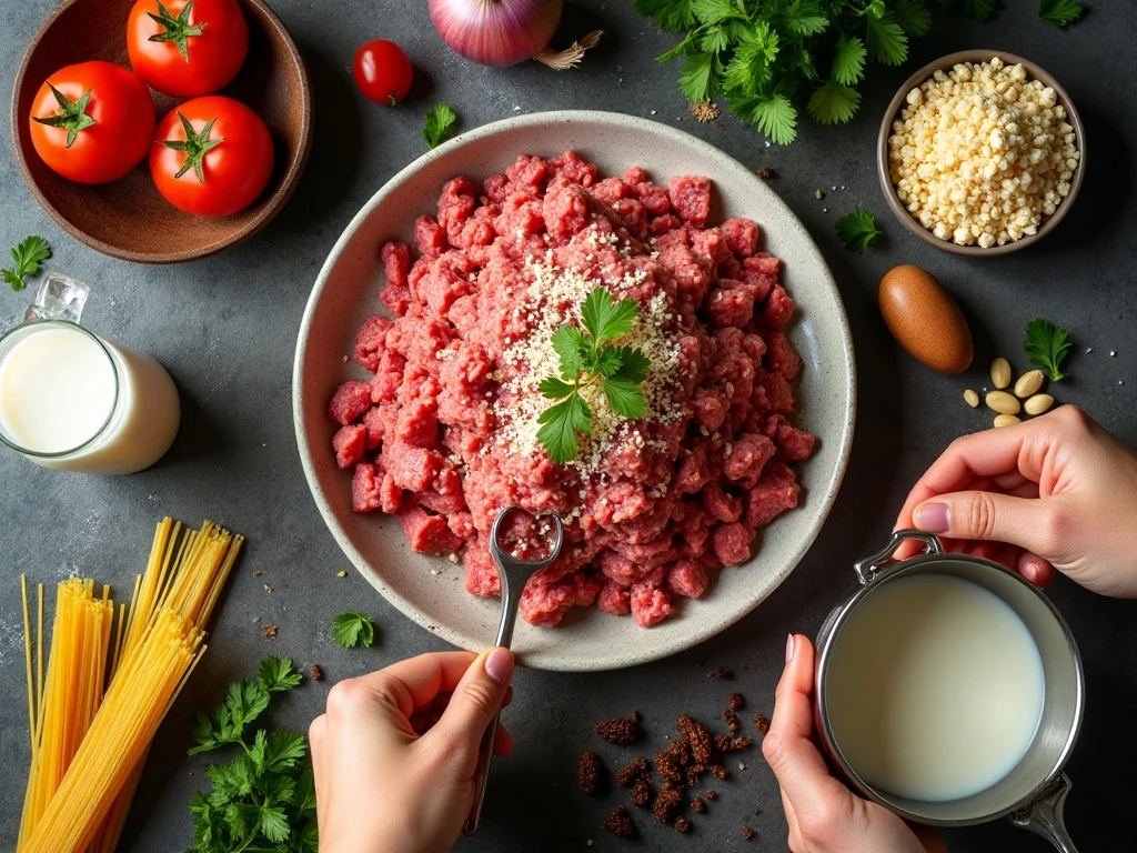 Ingredients for Sicilian-style spaghetti and meatballs