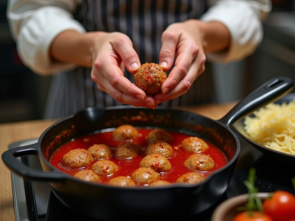 Preparing and browning Sicilian meatballs for tomato sauce