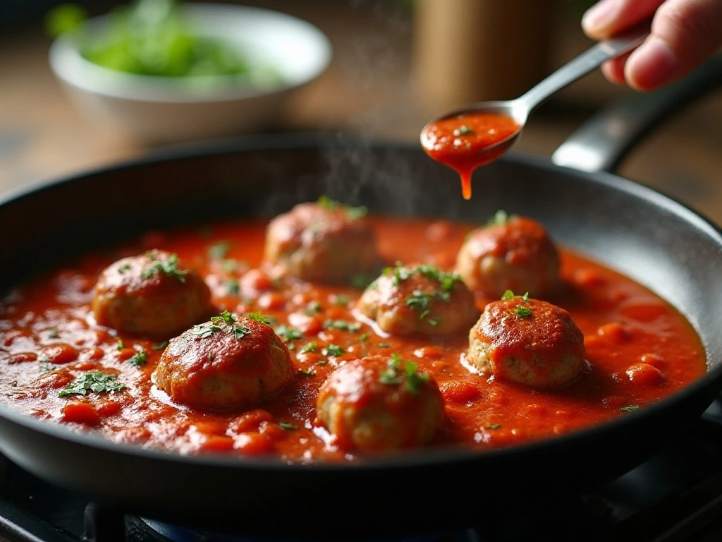 Meatballs simmering gently in Sicilian tomato sauce