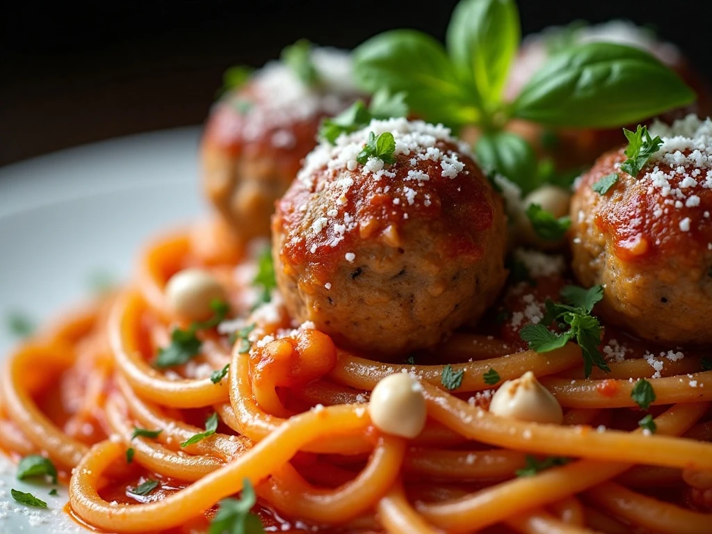 Garnished Sicilian spaghetti and meatballs ready to serve