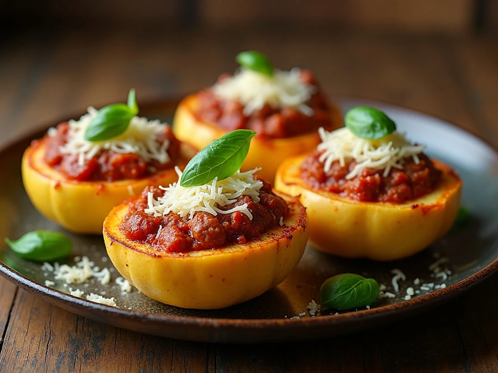 Four cheesy spaghetti squash boats filled with marinara and Italian-seasoned meat