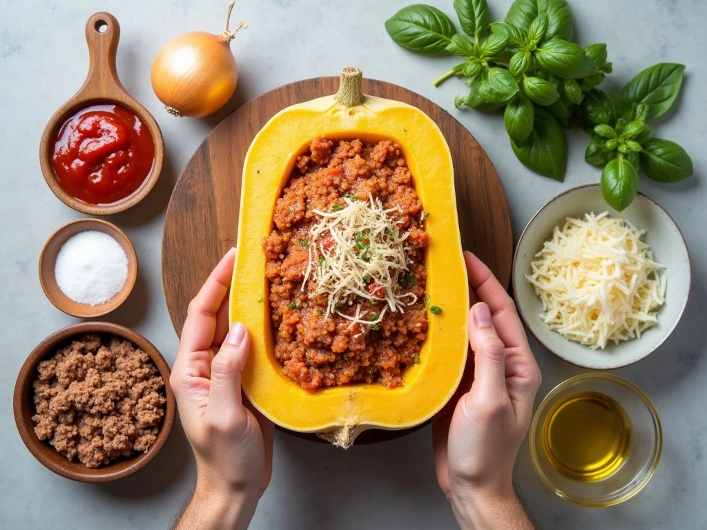 Ingredients for creative spaghetti squash boats