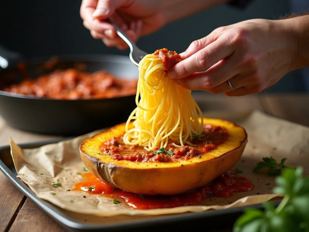 Loosening roasted spaghetti squash strands before adding the sauce