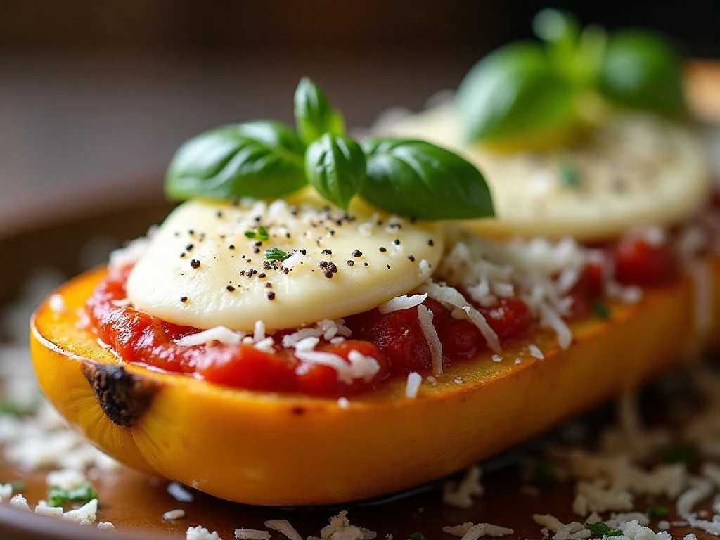 Close-up of cheesy spaghetti squash boat garnished with fresh basil
