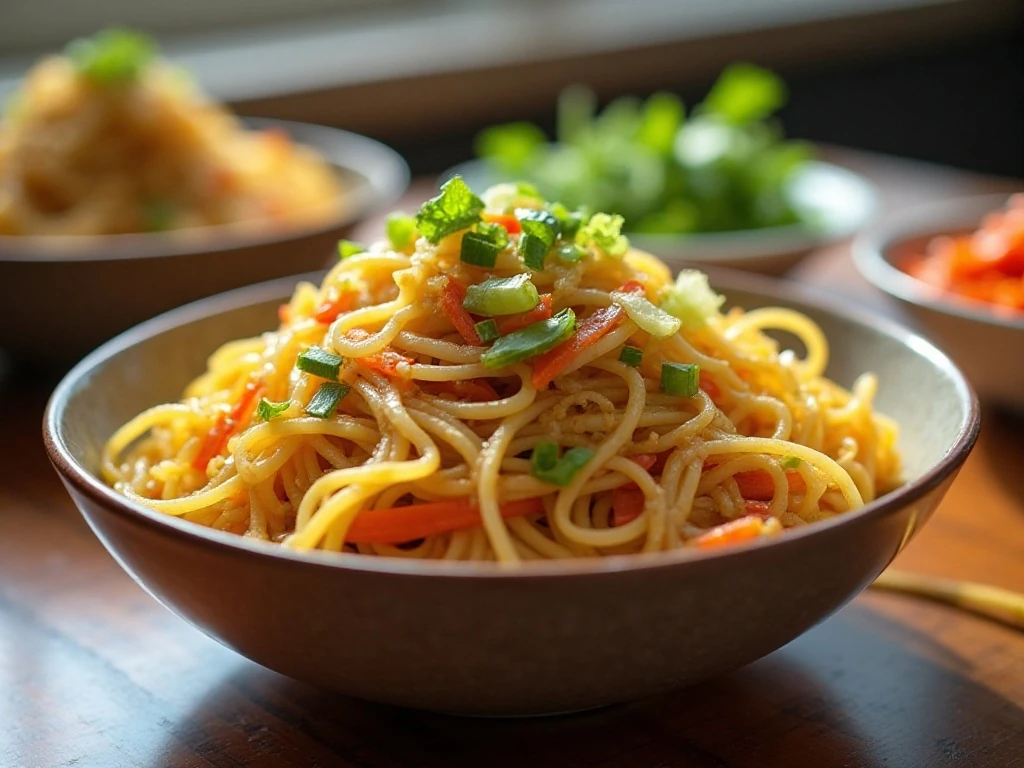A bowl of colorful spaghetti squash chow mein with vegetables and green onions