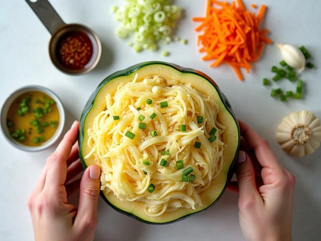 Ingredients for spaghetti squash chow mein arranged on a kitchen counter