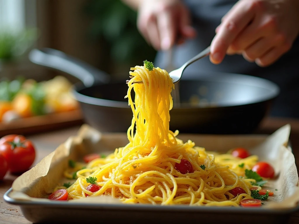 Scraping roasted spaghetti squash into strands for chow mein