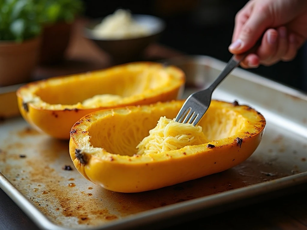 Spaghetti squash roasting cut-side down on a baking sheet