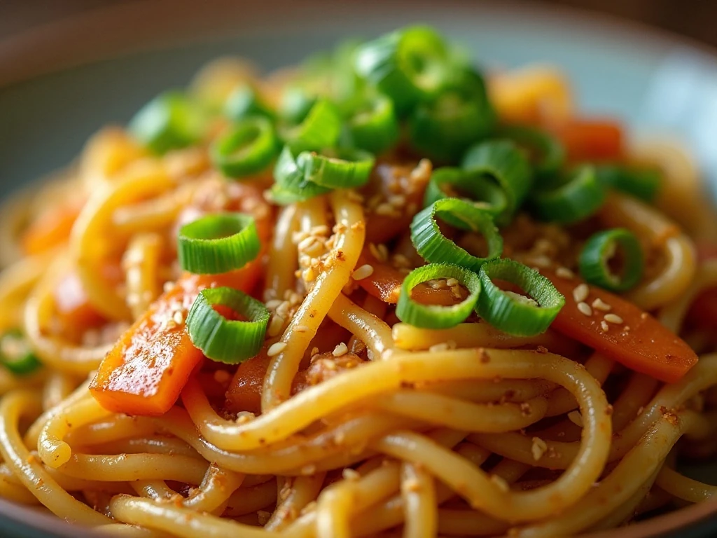 Green onion garnish on spaghetti squash chow mein