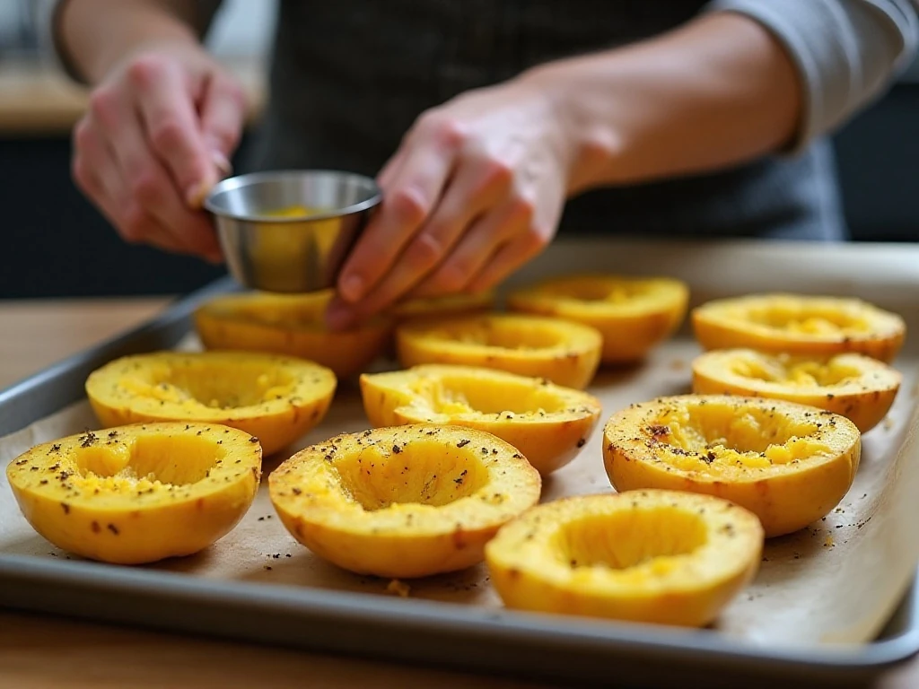 Seasoned spaghetti squash halves ready to roast