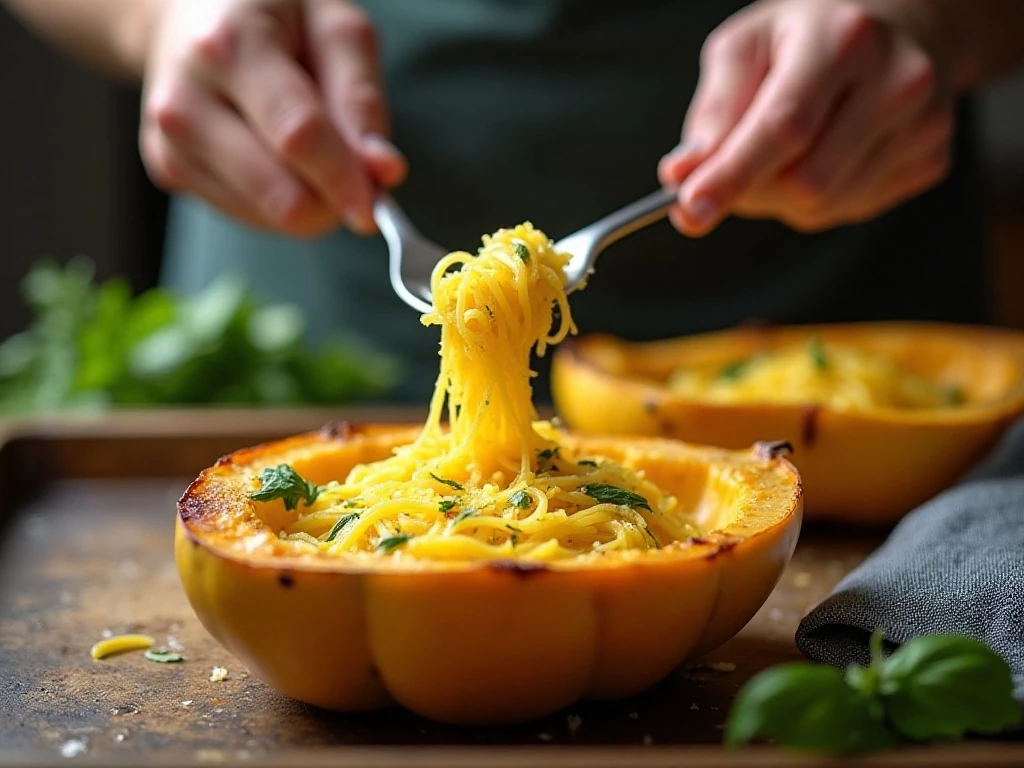 Fork separating tender spaghetti squash strands