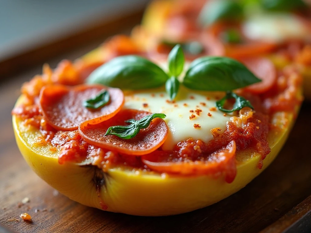 Spaghetti squash pizza boat topped with basil and red-pepper flakes
