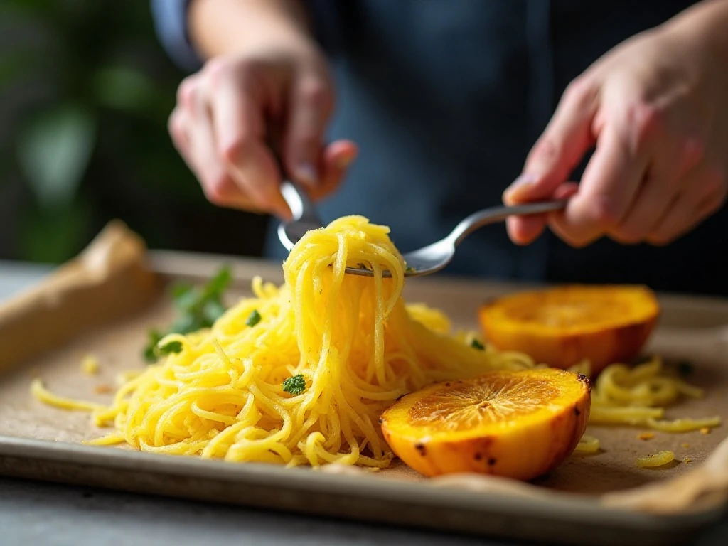 Scraping roasted spaghetti squash into strands with a fork