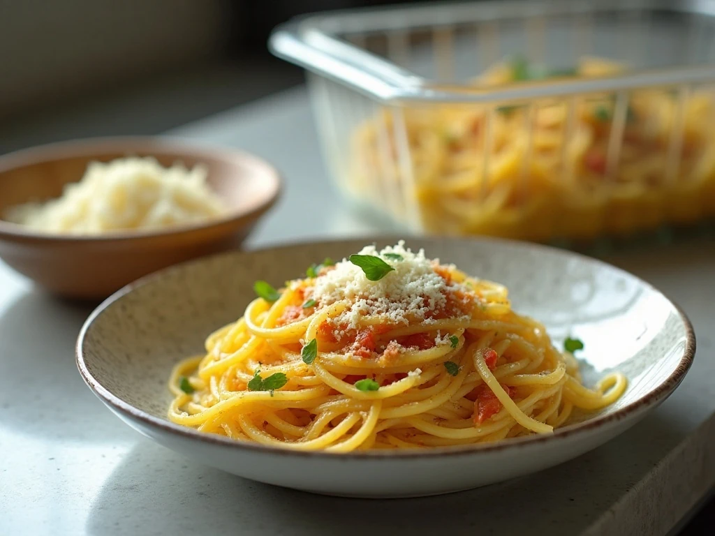 Stored and reheated spaghetti squash with cheese and pepper