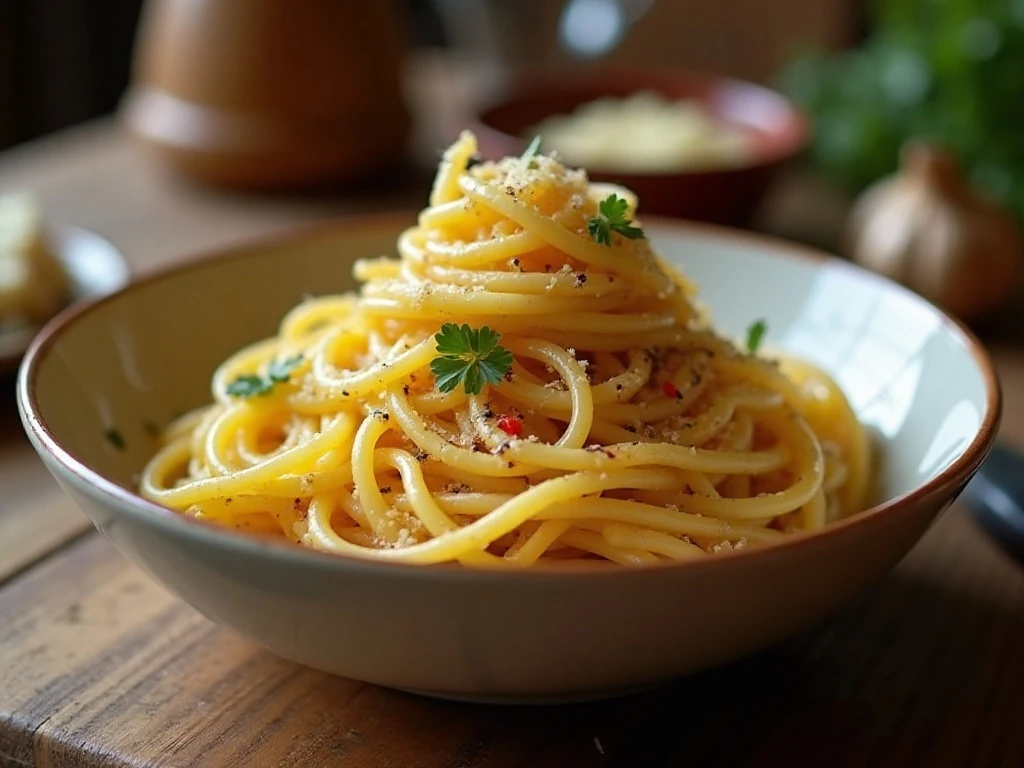 Bowl of spaghetti with roasted garlic, olive oil, parsley, and Parmesan