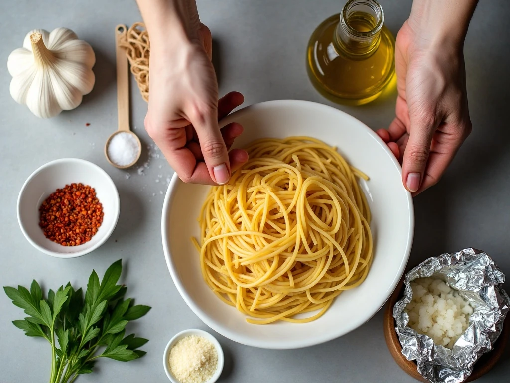 Ingredients for easy spaghetti with roasted garlic and oil