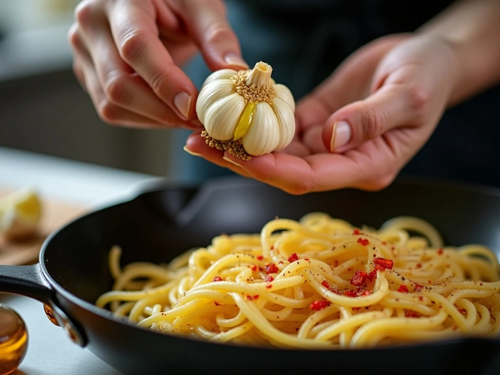 Preparing roasted garlic and olive oil sauce for spaghetti