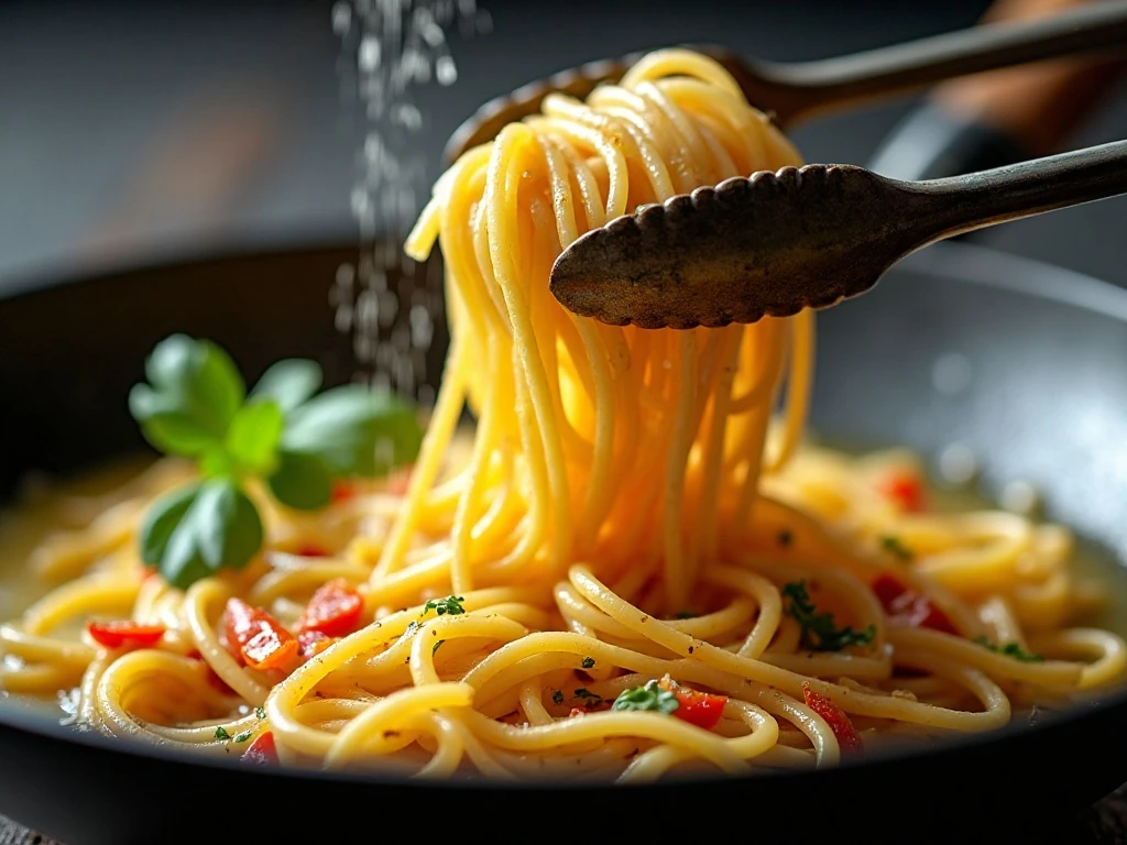 Silky roasted garlic oil sauce coating spaghetti