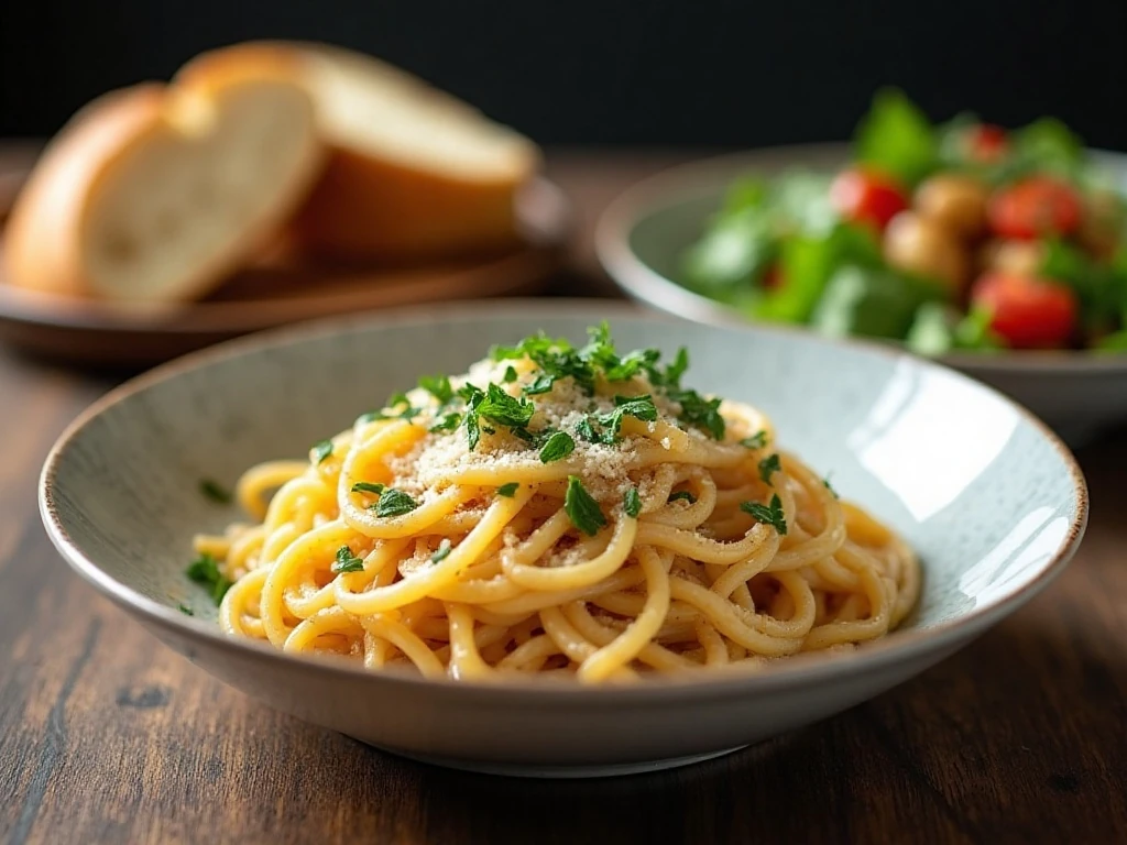 Roasted garlic spaghetti served with salad, bread, and vegetables
