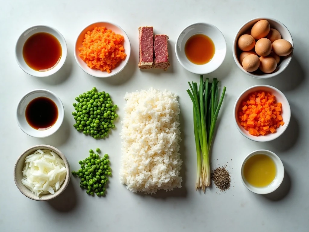 Ingredients for easy Spam fried rice arranged on a kitchen counter