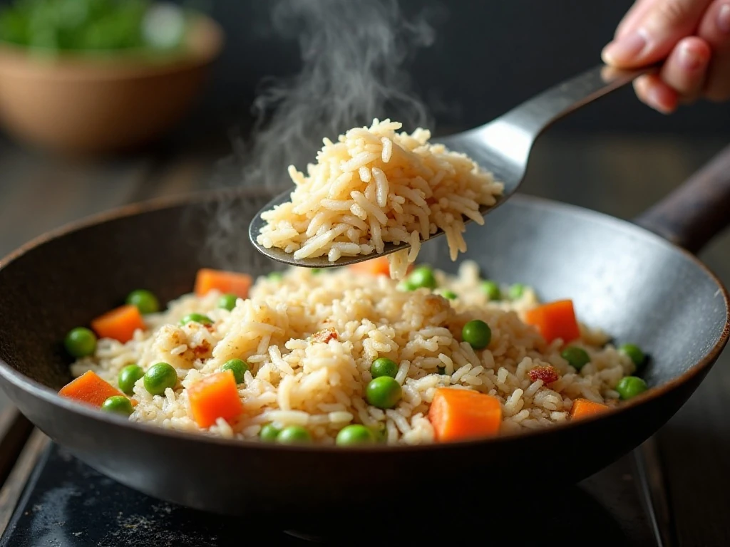 Chilled rice being stir-fried with Spam and vegetables