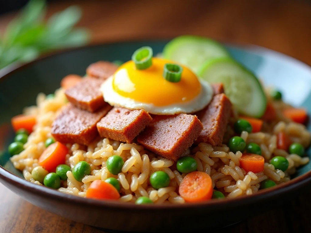 Bowl of homemade Spam fried rice with scallion garnish