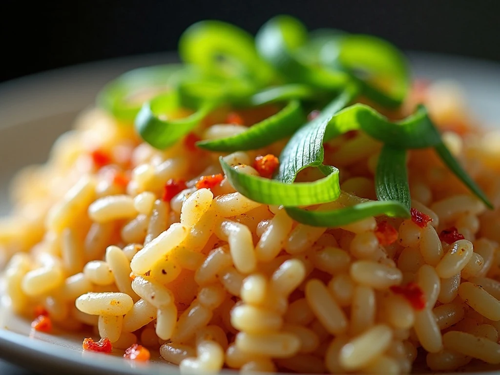 Close-up of Spam fried rice with scallions and chili oil