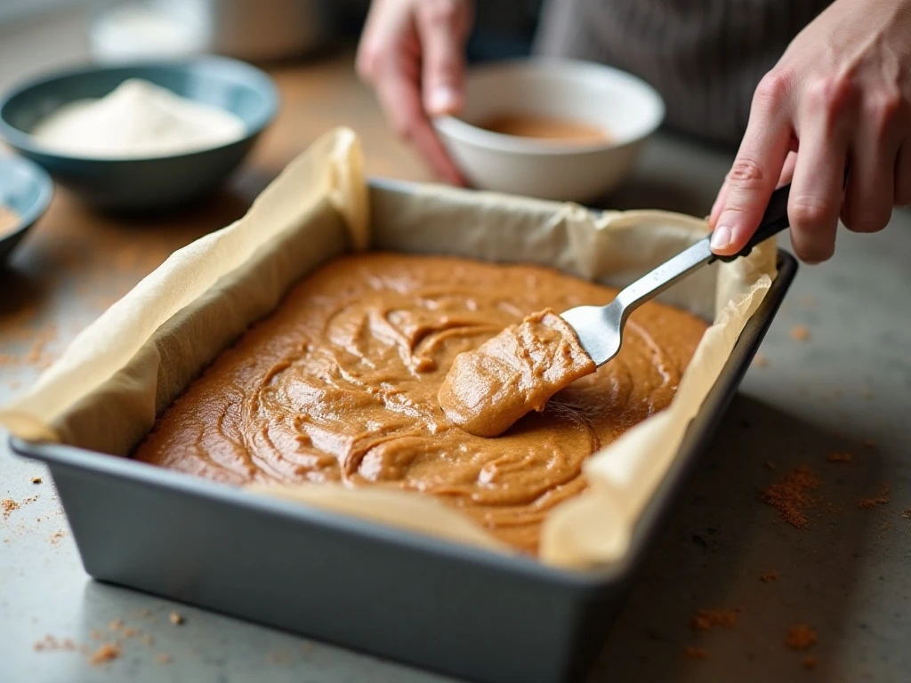 Spreading Spanish Bar Cake batter in a baking pan