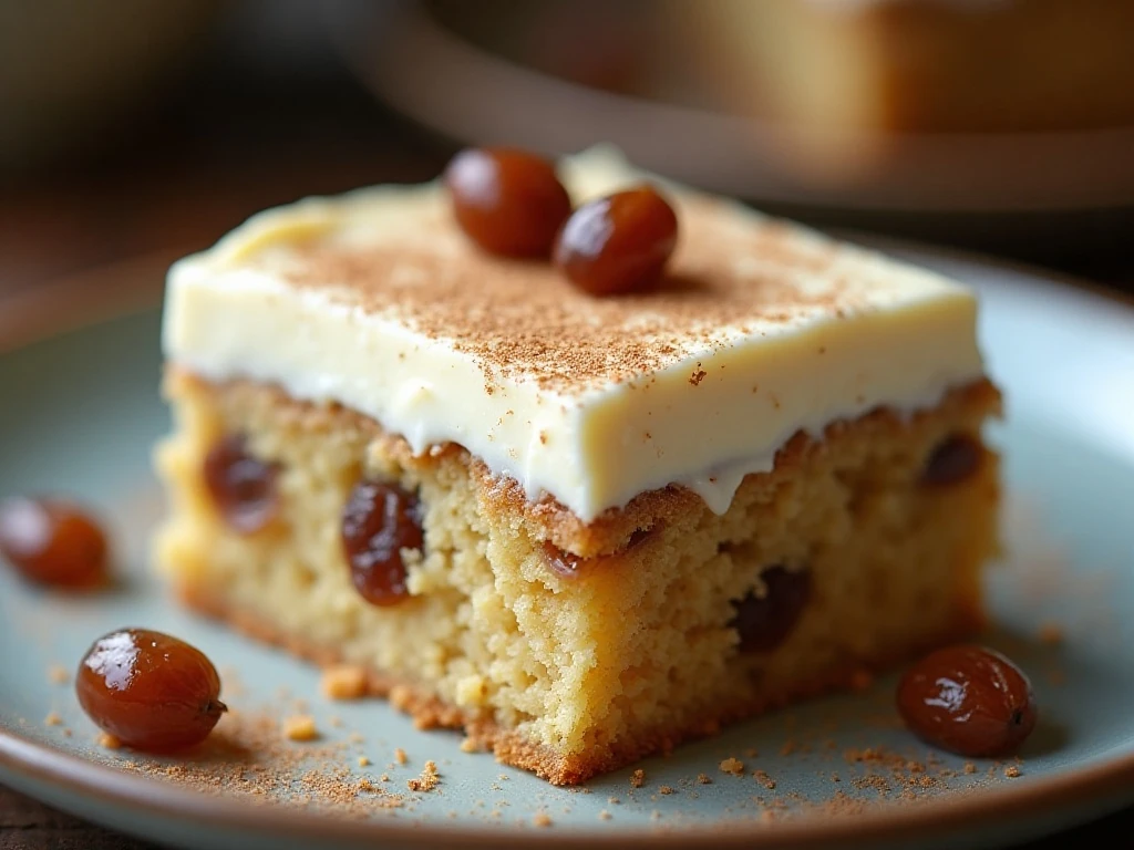 Close-up slice of frosted Spanish Bar Cake