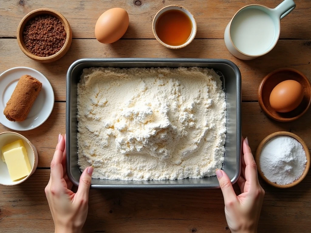 Ingredients for old-fashioned Spanish Bar Cake arranged on a kitchen counter