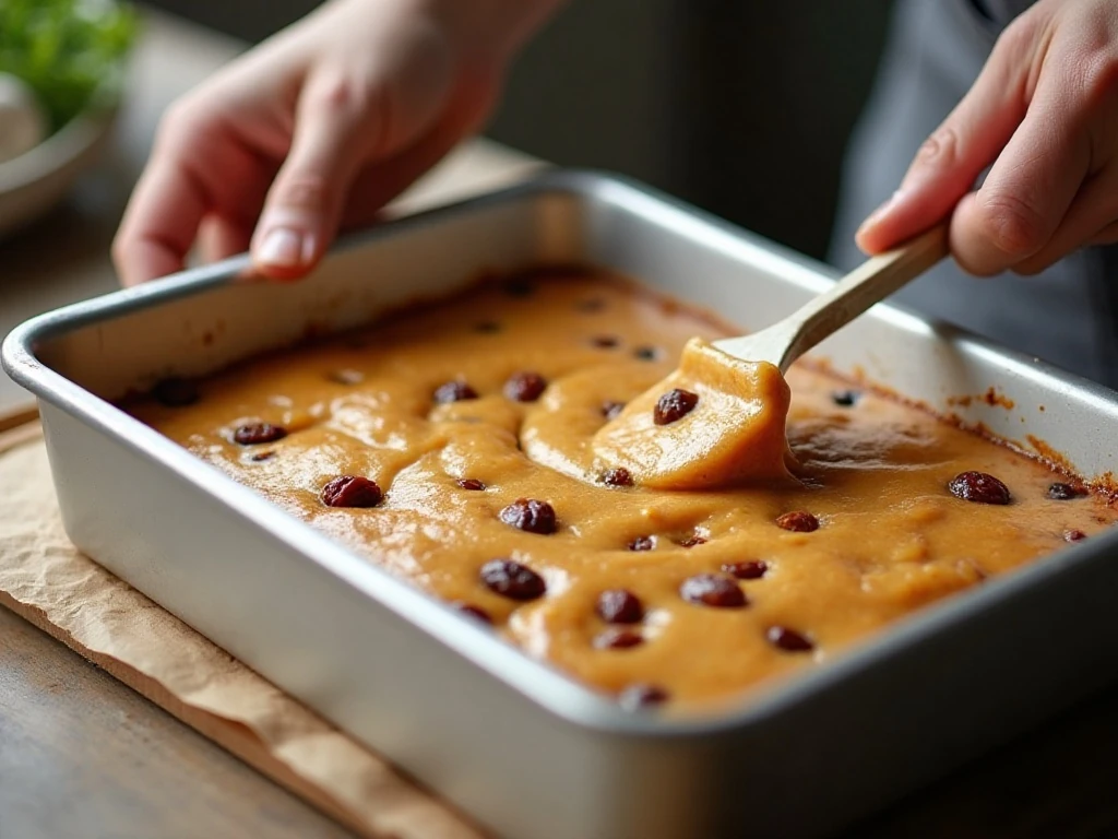 Spanish Bar Cake batter spread evenly in a rectangular baking pan
