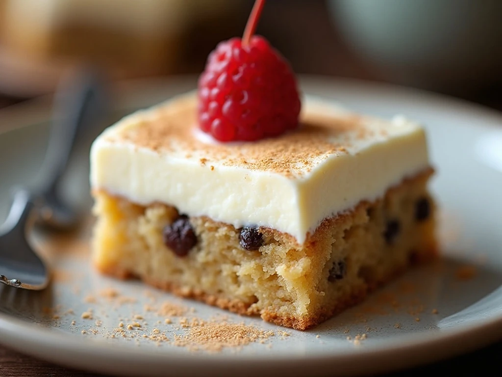 Close-up of cream-cheese frosting and raisin crumb on a Spanish Bar Cake bar