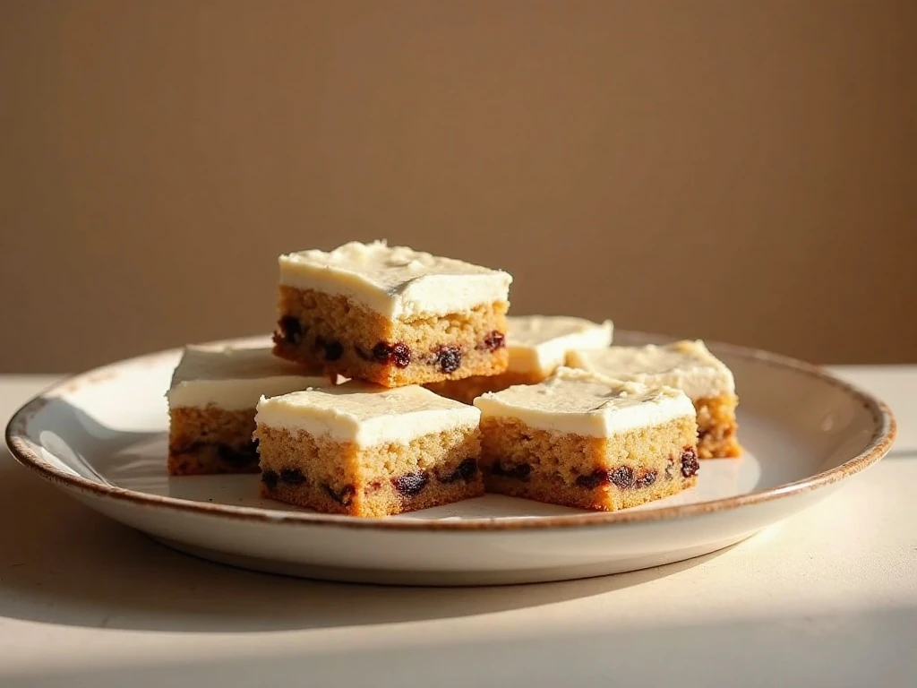 Plated Spanish Bar Cake bars with cream-cheese frosting