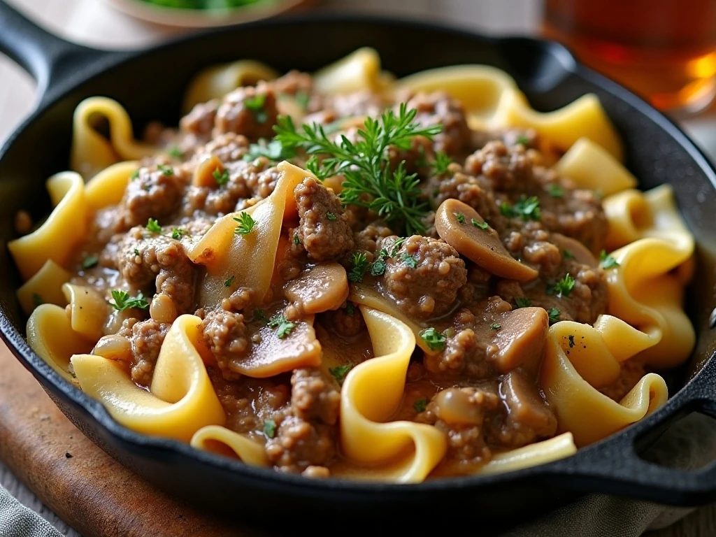 Creamy one-pan skillet beef stroganoff with mushrooms and egg noodles