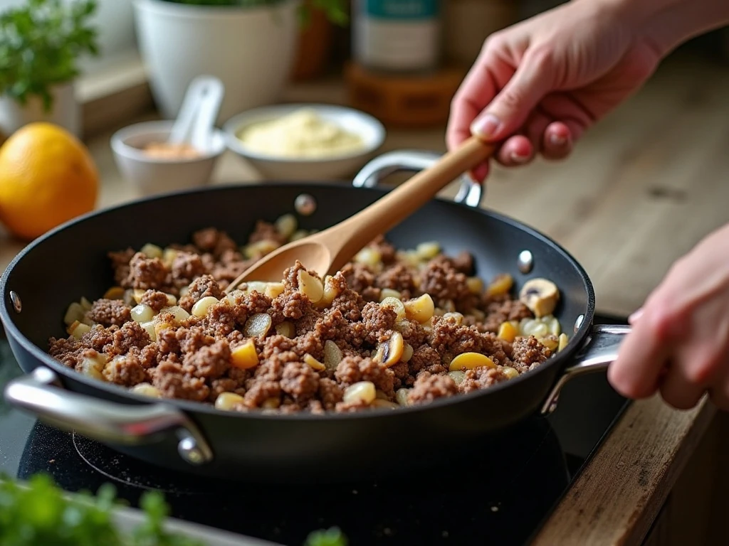 Browning beef, onions, and mushrooms for skillet stroganoff
