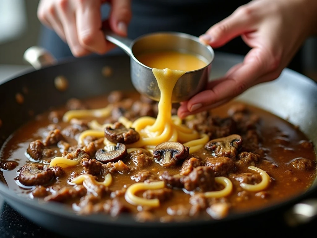 Adding broth to the browned beef stroganoff mixture