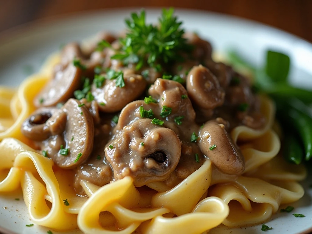 Skillet beef stroganoff garnished with fresh parsley