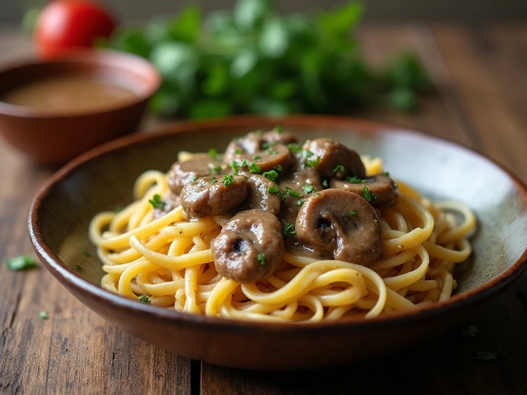 Reheated beef stroganoff with creamy sauce and egg noodles