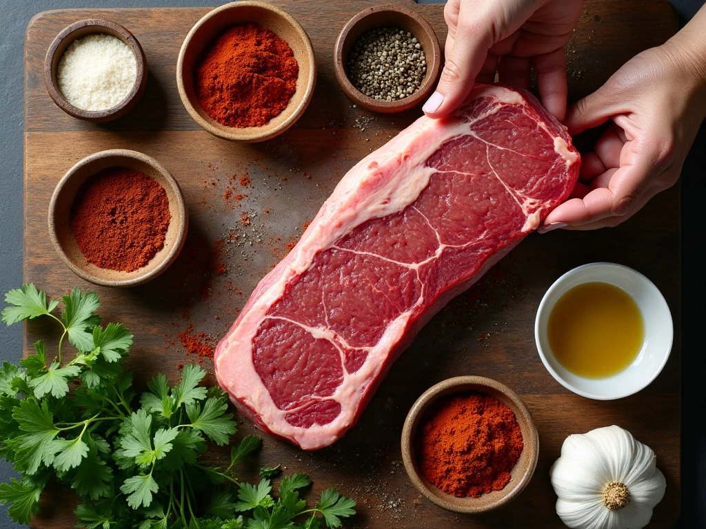 Ingredients for spice-rubbed sirloin and chimichurri sauce
