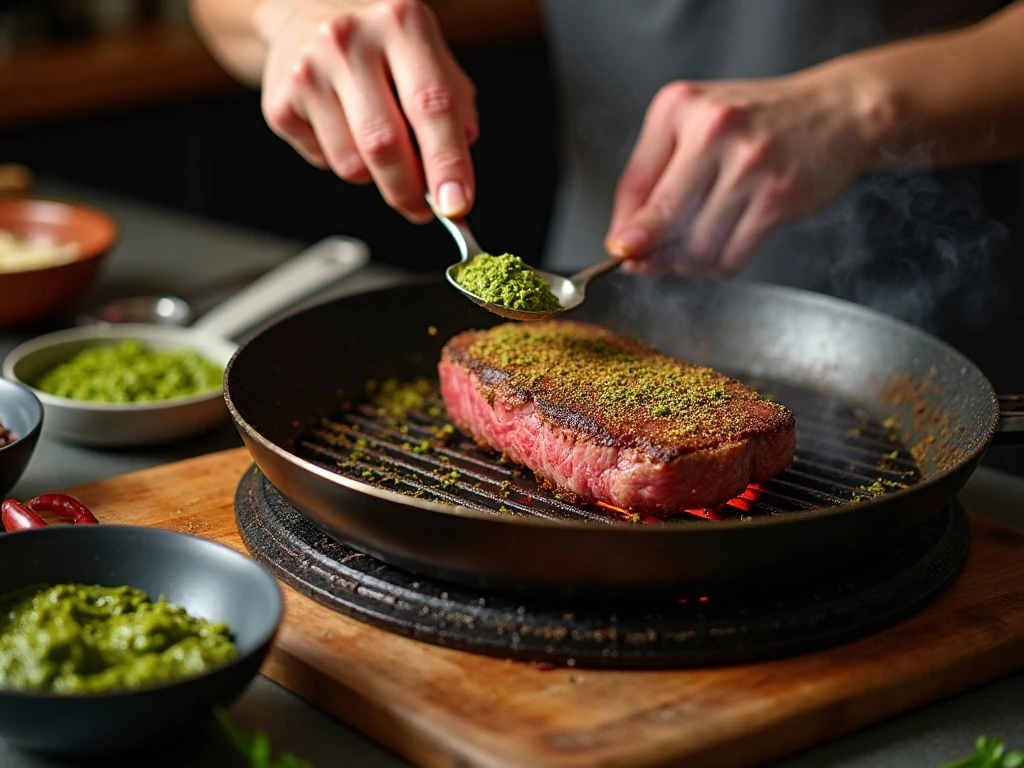 Seasoned sirloin cooking on a hot grill pan
