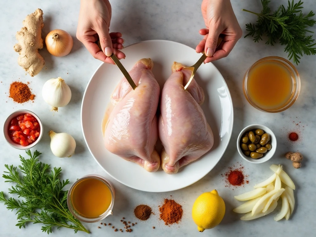 Ingredients for spiced braised chicken legs arranged for cooking