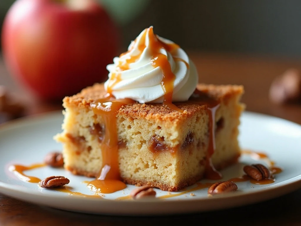 Slice of spiced caramel apple poke cake with apples, whipped topping, pecans, and caramel