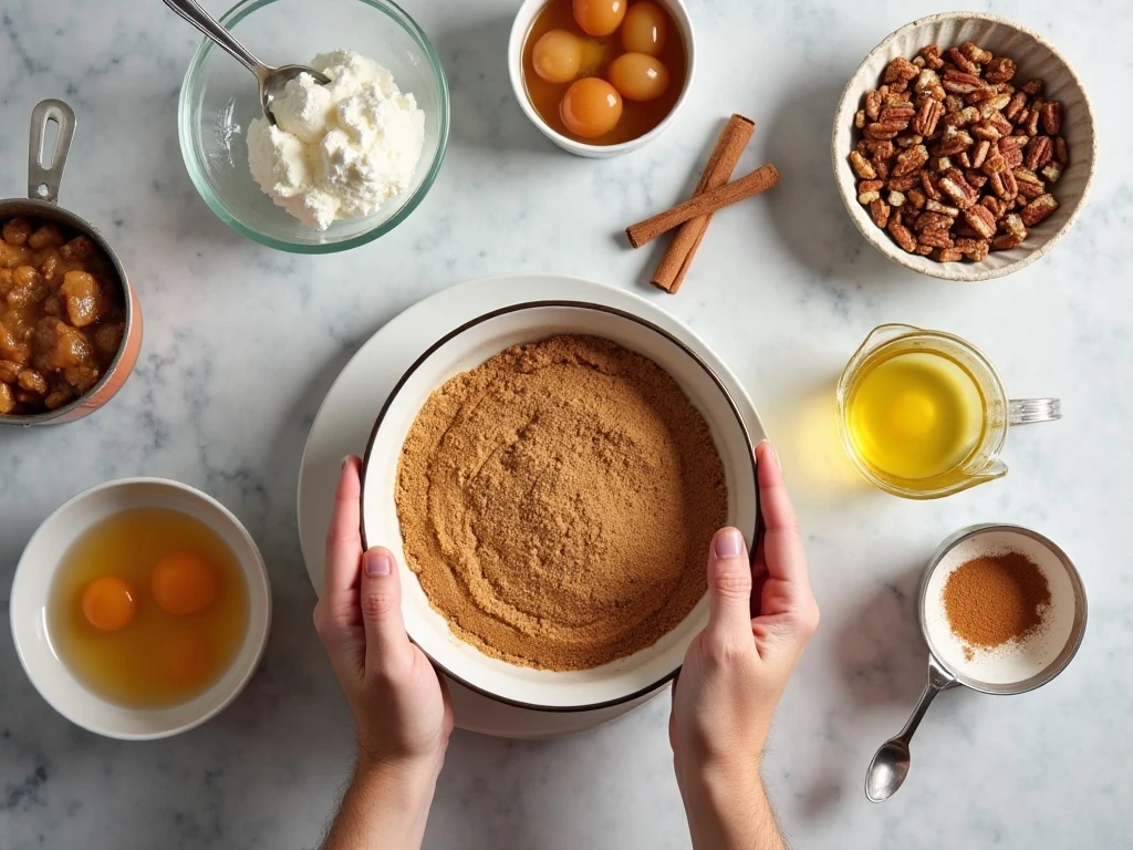 Ingredients for spiced caramel apple poke cake arranged for baking