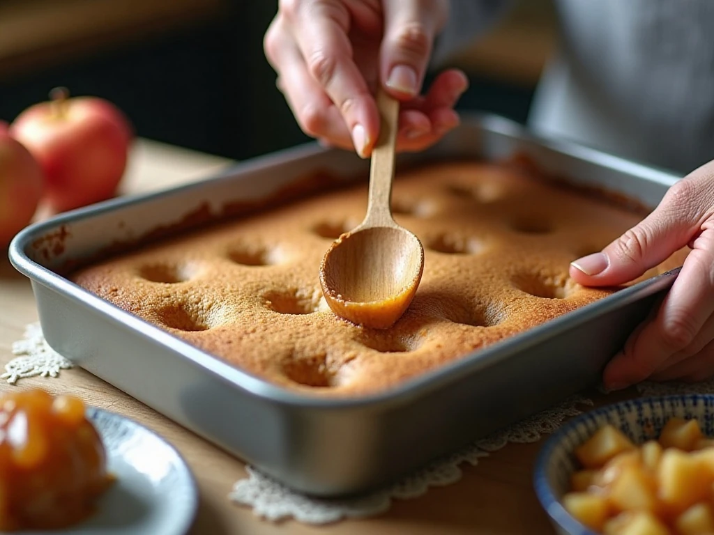 Making holes in a warm spice cake for apple pie filling and caramel