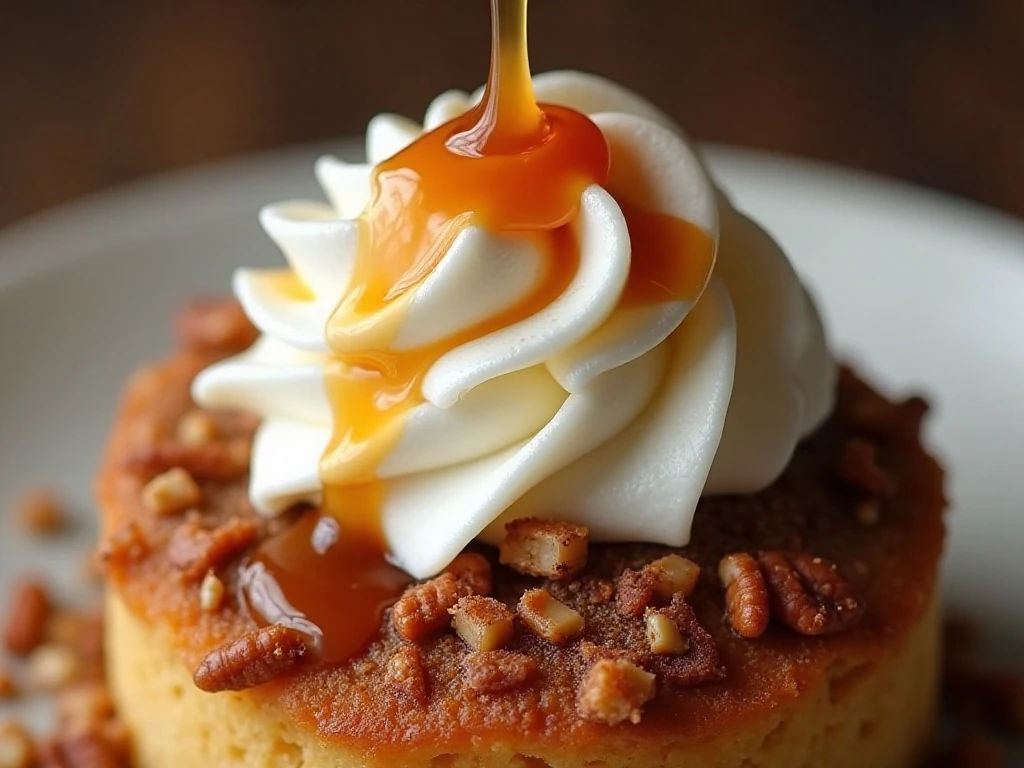 Caramel drizzle and chopped pecan topping on spiced apple poke cake