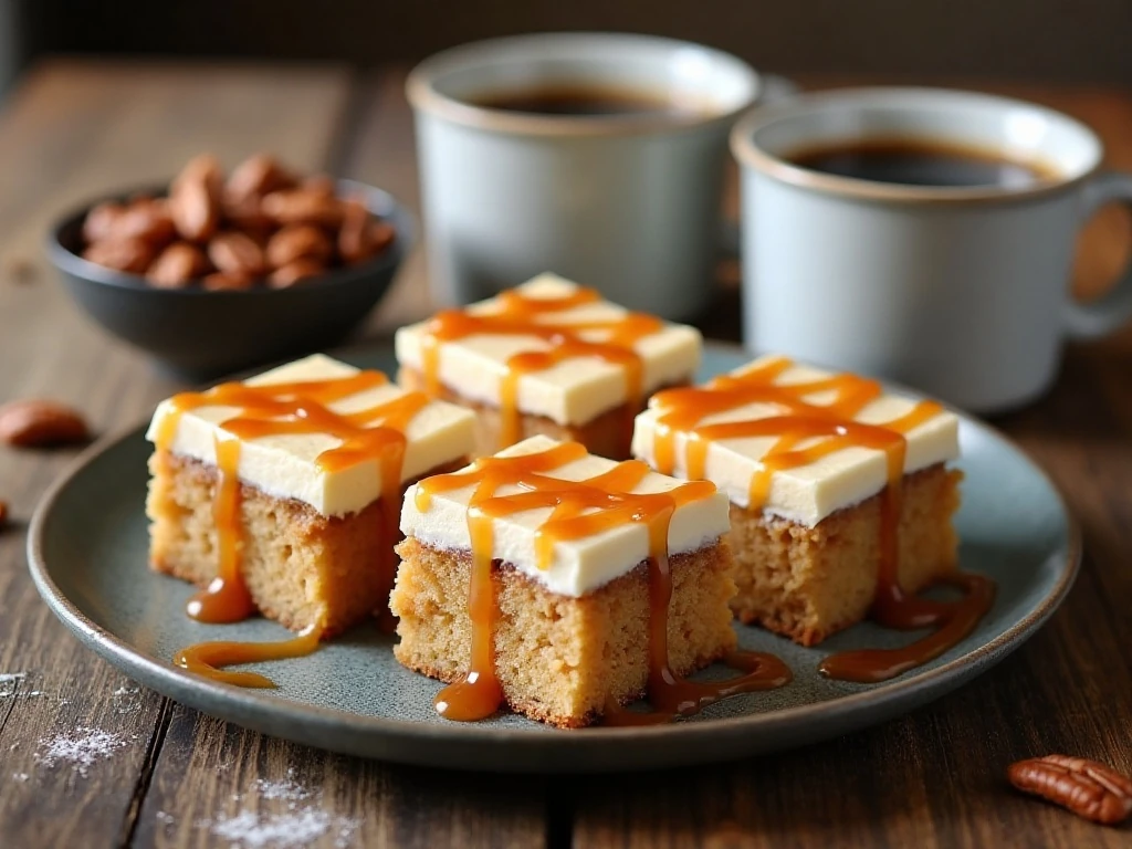 Caramel apple poke cake slices served at an autumn dessert table