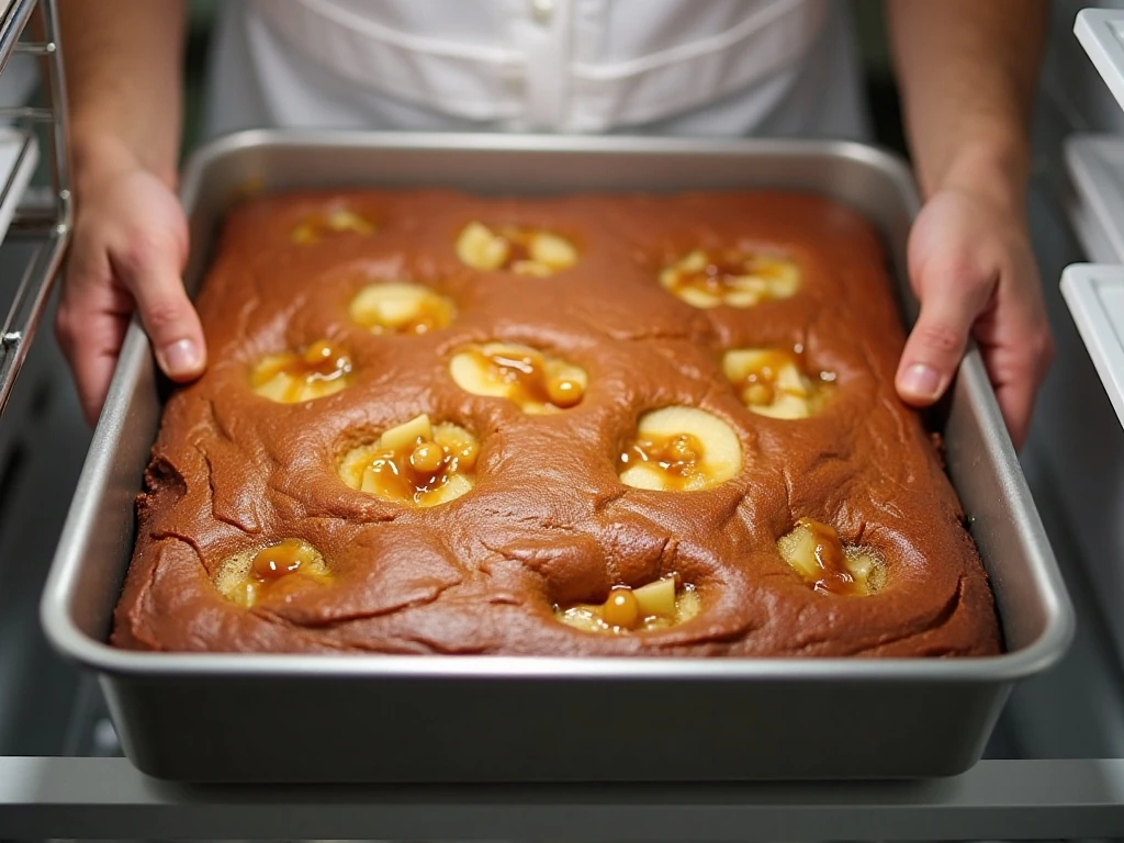 Covered caramel apple poke cake chilled for make-ahead serving